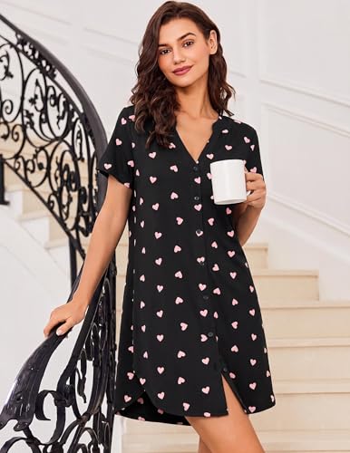 Image of Ekouaer Women V Neck Button Down Nightgown