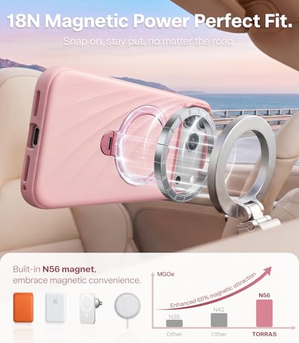 Image of TORRAS Q3 Wind for iPhone 17 Pro Case Silicone, 360 Magnetic Stand, Fit for MagSafe, Camera Control, Safe Soft Elegant Phone Case for iPhone 17 Pro 6.3'', Powder Pink