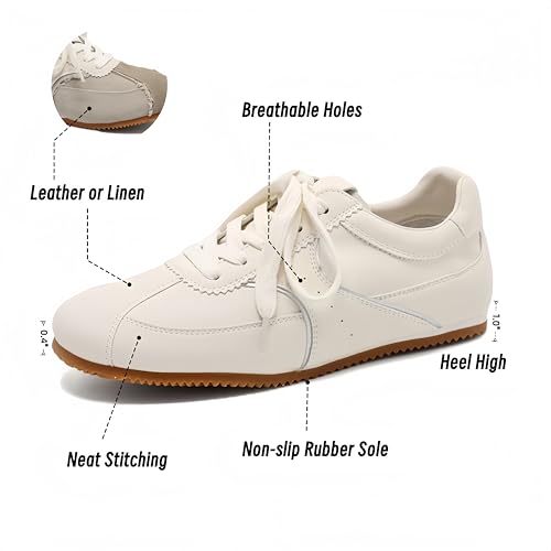Women's German Trainer Sneakers - Retro Minimalist Leather/Linen Upper Non - Slip Flat Sole, Casual Tennis Shoes4