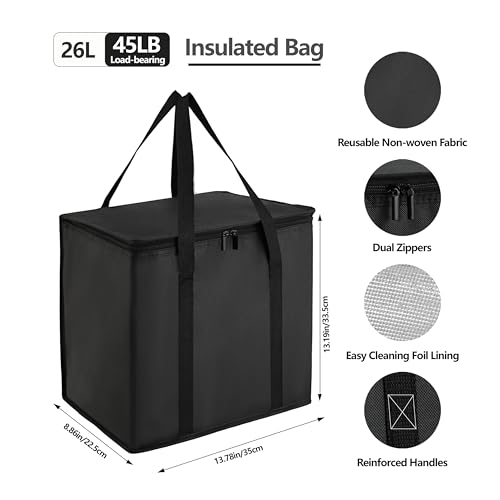 Reusable 6 Cup Drink Carrier with Handle and Insulated Food Delivery Bag, Portable Plastic Cup Caddy, 26L Grocery Cooler Box for Car Delivery, Travel, Picnic(Black) - view 2