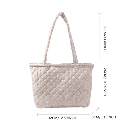 Image of Floral Quilted Cotton Shoulder Bag for Women Daily Use Medium Size Handbag Large Capacity Thickened Design Tote