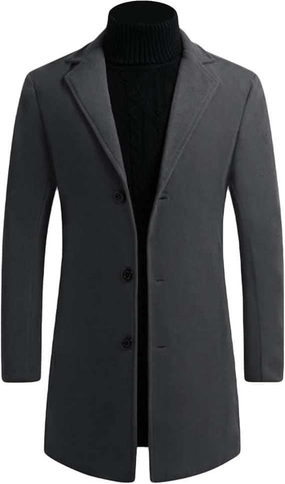 Wool Blend Trench Coat for Mens Notched Collar Single Breasted Wool Blend Pea Coat Casual Cotton Blend Peacoat