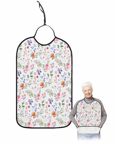 LEOKOTI Watercolor Spring Floral Adult Bibs for Eating, Waterproof Bibs with Food Catcher & Adjustable Snap Closure, Summer Botanical Herbs Washable Clothing Protectors Adult Bibs for Elderly