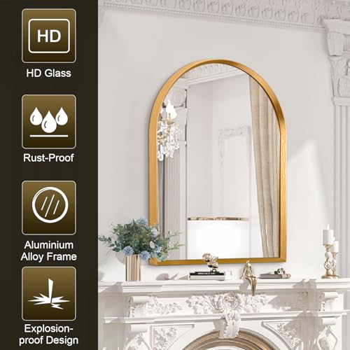 Image of Arched Mirrors for Wall, White Bathroom Mirror Brushed Metal Vanity Wall Mounted Mirror for LivingRoom Bedroom Entryway Room Vanity Home Decor 26 inchx18 inch