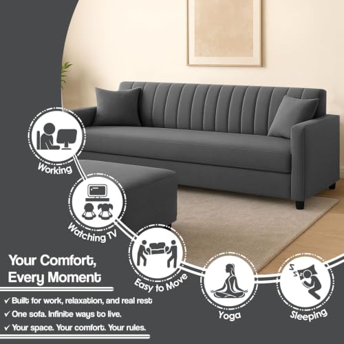 Image of 3+2 Fabric Sofa Set with Ottoman for Living Room | Modern Upholstered 5-Seater Couch | Soft Cushion, Premium Velvet Fabric - Grey Color