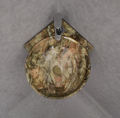Image of REMOTION Wall Mounted Wash Basin for Bathroom | Wall Hung Corner Sink | Ceramic Round Wall Hung Wash Basin | Wall Hung Small Corner Basin (16.3 x 13.8 x 4.3 Inch) (Marble Green)
