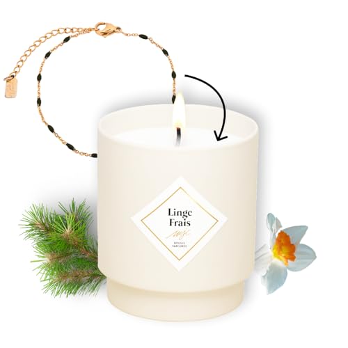 MY JOLIE CANDLE - Bougie Bijou Parfumée Linge Frais - Bracelet doré en acier inoxydable avec perles noires - Cadeau parfait pour Noël et anniversaire - Cire à base végétale - Made in France