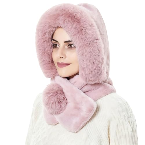 Rayson 2 in 1 Damen Wintermütze Kapuze Kapuzenschal Beanie Ohrschal Winddicht Kälteschutz Mütze Warme Winter Kapuzenschal Neckwarmer Set Schal mit Bommel Ski Ohrenklappe