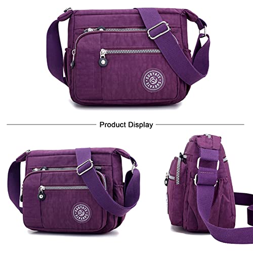 Milky Way Womens Multi Pocket Casual Canvas Crossbody Bag Travel Purse Messenger Handbag for Shopping Hiking Daily Use (Purple)