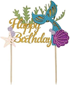 ALISSAR Glitter Mermaid Theme Birthday Cake Topper with Seaweed, Cake Cupcake Toppers for Girls' Mermaid Themed Birthday Cake Party Decorations (White)