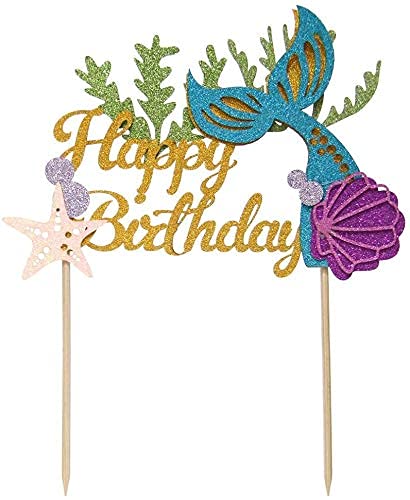 Glitter Mermaid Theme Birthday Cake Topper With Seaweed And Mermaid, Cake Cupcake Toppers For Girls Mermaid Themed Birthday Cake Party Decorations. (White) #TOP6