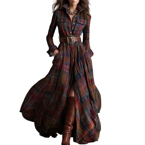 Kleid Damen Karierte Blusenkleid Damen Lang Western Cowgirl Abendkleider Elegant Cosplay Festliche Kleider Maxi Dress Langarm Winterkleid Mit...