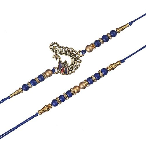 eCraftIndia Set of 2 Blue & Golden Pearls and Peacock Designer Rakhis with Roli Chawal Pack and Happy Rakhi Wooden Cutout - Rakhi for Brother, Bhaiya, Bhai (B0CFFPWFRK) Amazon Price History, Amazon Price Tracker