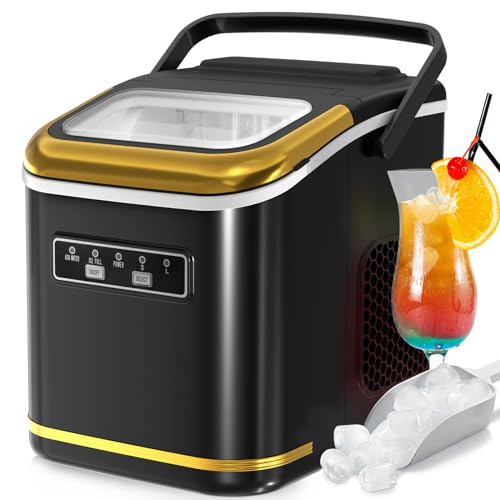 R.W.FLAME Countertop Ice Maker 9 Bullet Ice Cubes in 6 Mins, 26.5lbs/24Hrs, Ice Maker Machine with Self-Cleaning, Basket and Scoop for Home Office Kitchen Bar Party, Black