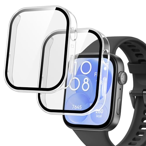 Vauki 2 Pezzi Cover per Huawei Watch Fit 3 Vetro Temperato Pellicola Protettiva, Protezione Totale Ultra Sottile HD Clear, Tocco Sensibile, PC Rigido Ultrasottil Case Custodia, Trasparente