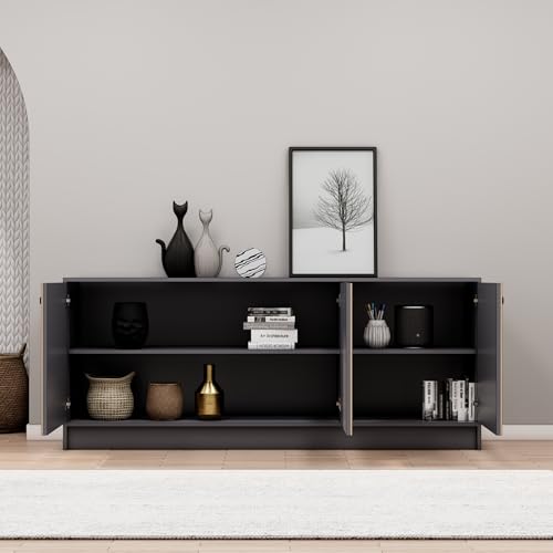 Image of Bniture Luxe Storage Cabinet for Living Room | Wooden Sideboard Cabinet with 3 Door & 3D Textured | Multipurpose Storage Cabinet Organizer for Home Hallway, Bedroom & Kitchen | Grey & Giant Wood