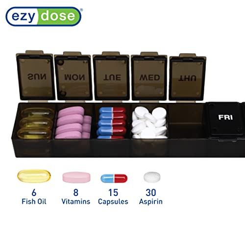 Image of EZY DOSE Weekly 7-Day Pill Organizer, X-Large Vitamin and Medicine Box, Spacious Compartments for Pills and Supplements, Durable Black Design, Easy-Open Lids, Perfect for Home and Travel Use