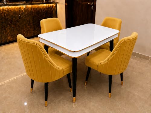 Image of WOODEN SPACE 4 Seater Wooden Dining Table Set | Urban Marble Top Dining Table with Chairs for Dining Room & Kitchen (Modern Infinity Yellow) (54 x 36 x 30 inch)