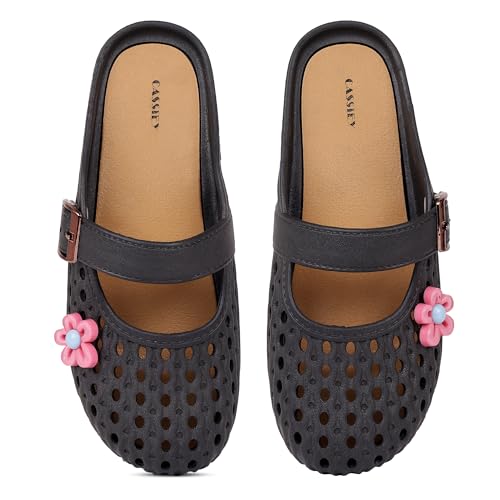 CASSIEY Comfortable Flat Clog Slipper with Adjustable Strap For Women- Black