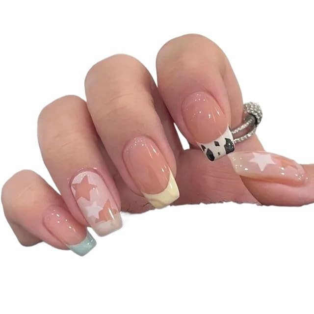 UñAs Postizas Uñas postizas cuadradas cortas con diseños de estrellas blancas/negras for niñas 24 piezas(Y-8)