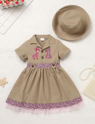 ODASDO Safari Outfit for Baby Girls First Birthday Cake Smash Toddlers Zookeeper Short Sleeve Dress with Hat2