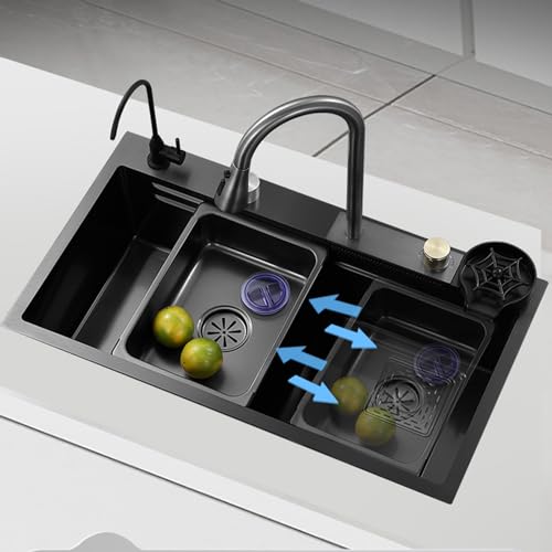 CZYWKDDPP Lavavajillas de Cocina Tipo Cascada, de Acero Inoxidable 304 Negro, con Fregadero Individual, Grifo con rociador extraíble, lavavasos, instalación empotrada o bajo encimera (75 * 4