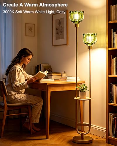 Image of Lightdot 2-Lights Modern Glass Floor Lamp with Table Gold Standing Tall Lamps with Green Glass Shade, Flower Floor Lamp with Foot Switch for Living Room Bedroom Home Decor (Bulbs Included)