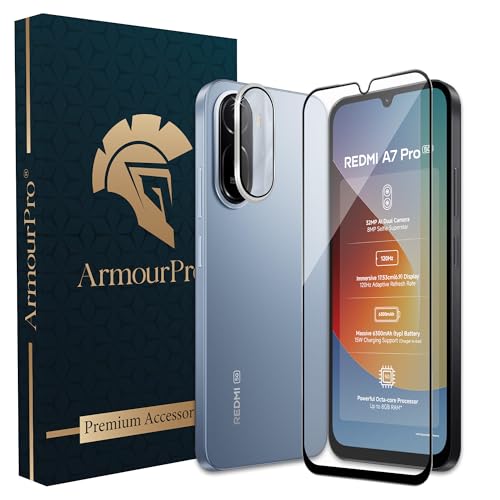 Image of ArmourPro Edge to Edge Tempered Glass for Redmi A7 Pro with Silver Camera Ring Guard, 9H Screen Protector, Anti-Scratch, Anti-Fingerprint, Bubble-Free Installation Kit