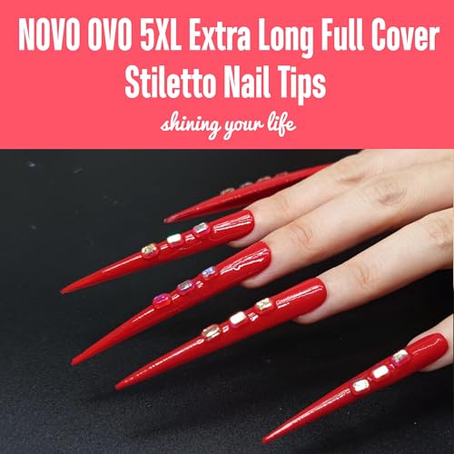 NOVO OVO Halloween Extra Super Extreme Long Stiletto Nail Tips, 5XL XXXXXL Clear Full Cover French Tips False Fake Nail Extension, Sharp Fishbone Arrow Head Nails for Professional 120 pcs 12 Size