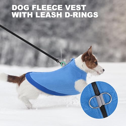 Image of Mihachi Dog Fleece Vest Sweater Zip Up Warm Pullover Step-in Dog Jacket with Dual D-Ring Leash, Winter Cold Weather Reflective Coat Clothes Hoodie for Small Medium Dogs Puppy Cat Boy Girl,Blue L