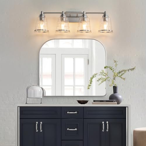 Image of Brushed Nickel Bathroom Vanity Light Fixture, 4 Light Bathroom Light Fixtures Over Mirror with Clear lampshade and Metal Base Sconce,29.1 inch Modern Vanity Light for Bathroom(Exclude E26 Bulb)