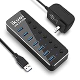 Powered USB 3.0 Hub, ikuai 7-Port Multiple USB Port Splitter, USB 3 Powered Hub with Individual LED On/Off Switches and Power Supply, Multiple USB Hub 3.0 Powered for Mac, PC