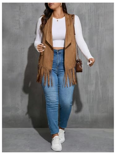 Women's Plus Size Fringe Suede Vest 70s Hippie Faux Western Jacket Tassel Sleeveless Cardigan3