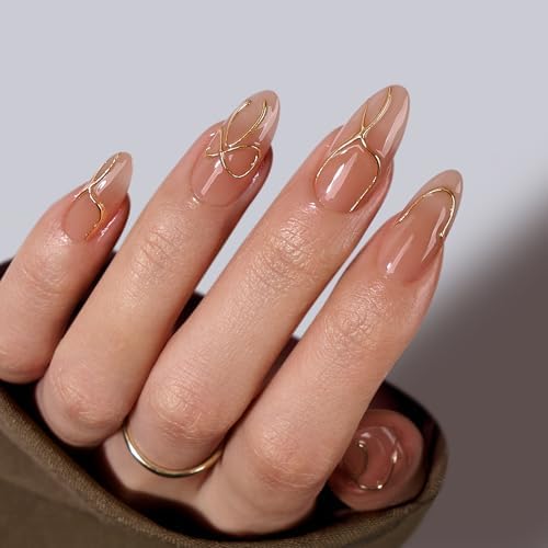 BTArtbox Press On Nails, Medium Almond Nude Fake Nails, 32Pcs Full Kit