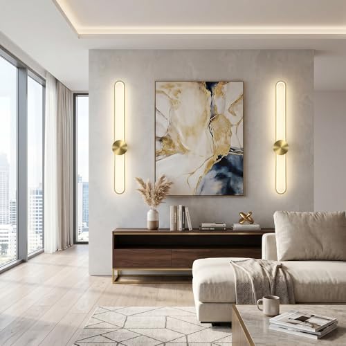 Image of JAYMP Modern Wall Sconce 4000K Dimmable LED Wall Light Fixture, Hardwired Wall Lamp for Living Room, Dining Room, Bedroom, Hallway, Lobby, Entryway, 1 Pack (Brushed Gold, H110cm /43.3inch)