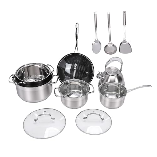 RIZGHWOY Juego de Baterías de Cocina de Acero Inoxidable, Juego de Cocina de Ollas y Sartenes de 10 Piezas con 3 Cacerolas, 1 Olla de Leche, 1 Sartén, Hervidor, 2 Cucharas, Espátula,