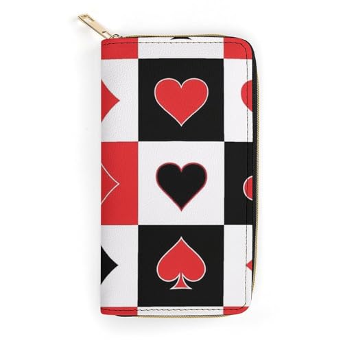 Adult Fashion Printed Leather Wallet, Water Resistant and Large Capacity Poker Suits Hearts Diamonds Spades Grid Playing Cards Wallets for Everyday Carry