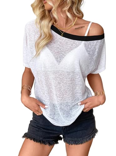 Image of Hilinker Women's Sheer Off The Shoulder Tops See Through Sexy Short Sleeve Mesh Shirt Summer