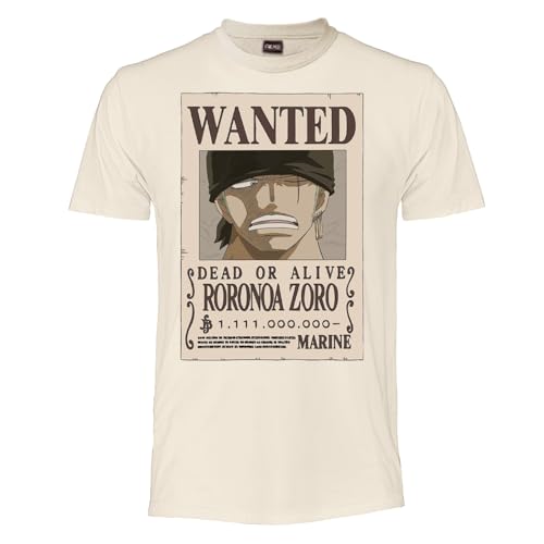 One Piece - Zoro Wanted Poster - T-Shirt Herren Damen und Jungen - Offizielles Anime T-Shirt aus Baumwolle - Belohnung von 1.111 Millionen Berry T-Shirt Geschenkidee Fan beige Medium