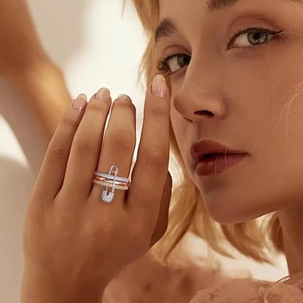 Thumb Rings for Women, Safety Pin Ring Set, 18K Gold Plated Rings, Silver Cz Cubic Zirconia Rings, Rose Gold Ring for Her, Hypoallergenic Stackable Rings, Ring Size 5-10 - Image 2