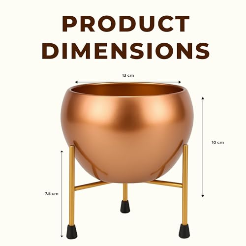Image of NATURAL EARTH Copper Metal Flower Pot & Stand with Free 1 KG Organic Vermicompost Fertilizer | Decorative Indoor Outdoor Plant Pot | Copper Finish Planter for Home Garden Decor