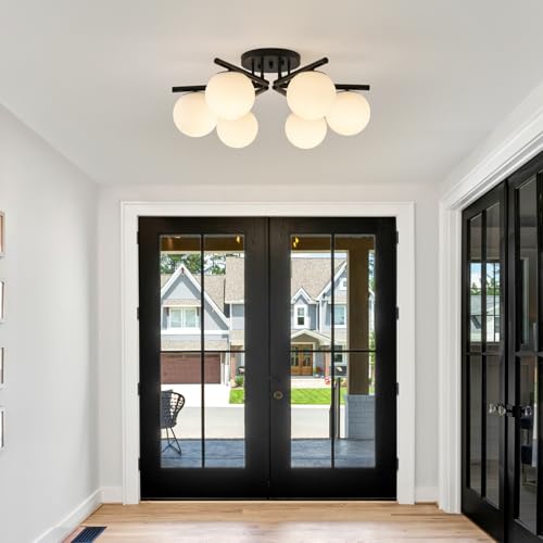 Image of 6-Light Sputnik Ceiling Light Fixture, Semi Flush Mount Ceiling Light with Milk Glass Globes, Black Mid Century Modern Chandelier for Living Room Bedroom Dining Room Hallway
