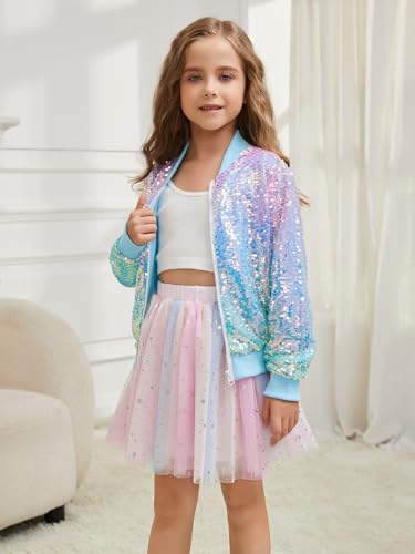 Girls Sequin Bomber Jacket Sparkly Bomber Outfit Long Sleeve Zipper Bright Colors 5-12T3