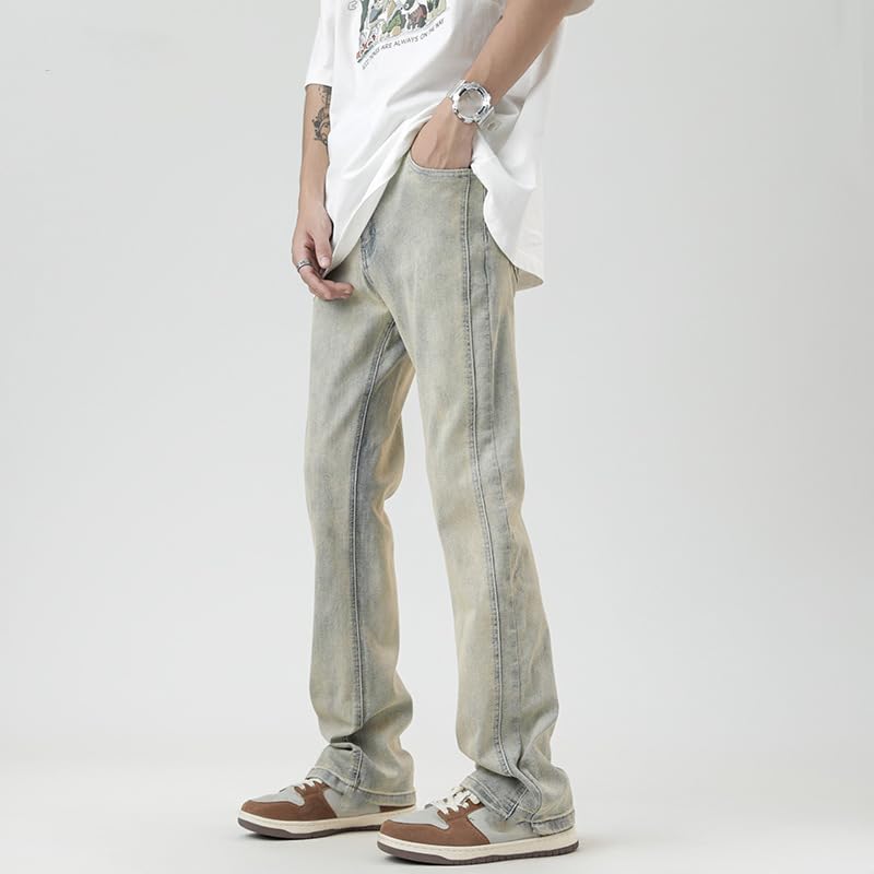 Men's Pale Yellow Straight Leg Jeans Summer Casual Long Pants2