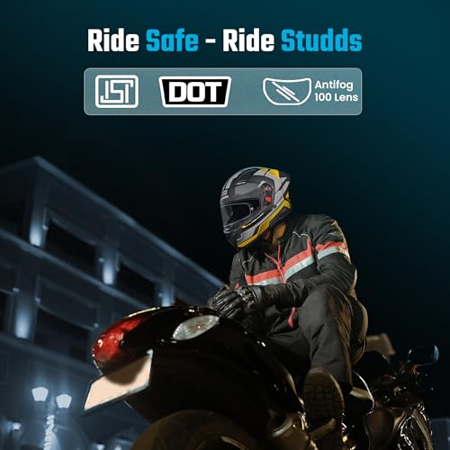 Image of STUDDS Helios Asphalt Full Face ISI and DOT Certified Helmet with Dual Visor MATT Black & Yellow - M