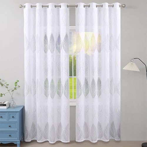Homxi Cortina Salon Semitranslucida 2 Piezas,2 x 130W x 245H CM,Cortinas de para Ventana de Cocina Patrón de Hojas Blanco Cortina Salon con Ojales