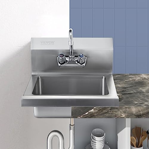 VEVOR Kommerzielles Handwaschbecken mit Wasserhahn, Edelstahlwaschbecken,Kleines Handwaschbecken, Wandmontage Handwaschbecken, Waschbecken für Restaurant, Küche, Bar, Garage und Haus