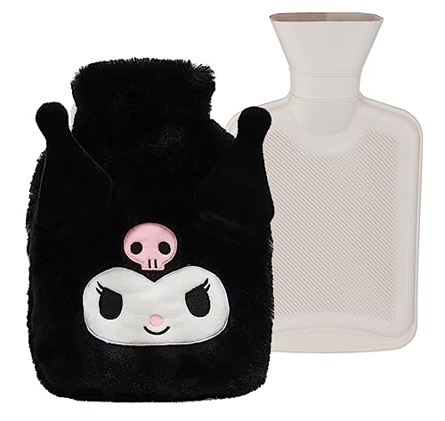 Image of Roffatide Cartoon Kuromi Hot Water Bottle Hand Foot Warmer 1L Hot Water Bag and Cold Compress with Cute Anime Character Plush Cover Pain Relief with Cute Faux Fur Cover