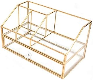 Cosmetics Storage Display Case,Lipstick Organizer,Clear Glass & Brass Metal Cosmetic Organizer,Glass Makeup Organizer for Countertop Bathroom Dresser