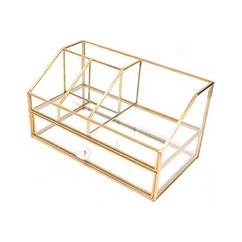 Cosmetics Storage Display Case,Lipstick Organizer,Clear Glass & Brass Metal Cosmetic Organizer,Glass Makeup Organizer for Countertop Bathroom Dresser Cover